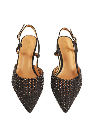 Off#DLY Slingback black: Elegante Damen-Slingback-Ballerinas mit spitzem Zehenbereich, verziert mit einem Gitter aus winzigen Perlen, dünnem Knöchelriemen und kleiner goldfarbener Schnalle. Innenfutter in kontrastierendem Tan.