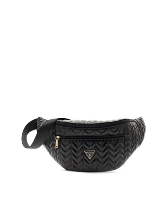 GUESS Cheryl Belt Bag BLA: Schwarze, gesteppte Gürteltasche mit Chevron-Muster, goldfarbigem Frontreißverschluss, GUESS-Logo-Plakette und verstellbarem Riemen. Elegantes Design mit praktischem Stauraum für Alltagsgegenstände.