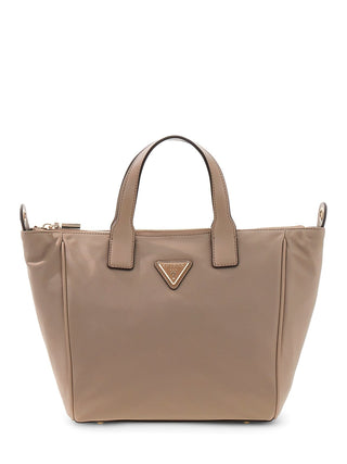 GUESS Follie Small Tote Bag TAU aus glattem, lederähnlichem Material, mit goldfarbenem Logodreieck, zwei kurzen Griffen und Reißverschluss. Maße: 23 x 22 x 15 cm.