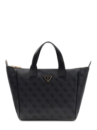 GUESS Follie Small Tote Bag CLO, eine kleine schwarze Handtasche mit GUESS 4G Monogramm, goldfarbenem Logo, zwei kurzen Griffen und Reißverschluss; aus Polyurethan mit abnehmbarem Schulterriemen.