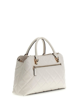 GUESS Libby Satchel OFF: Weiße, gesteppte Handtasche mit goldener Hardware, Frontreißverschlusstasche, zwei oberen Griffen, Charm-Applikation und verstellbarem Schultergurt, leicht strukturiert und weichseitig.