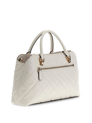 GUESS Libby Satchel OFF, eine strukturierte, gesteppte Handtasche in Creme, mit goldener Hardware, Frontreißverschluss, kurzen Griffen, verstellbarem Schultergurt und charmantem Logo-Detail auf der Vorderseite.