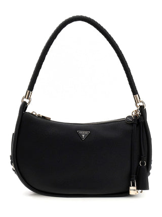GUESS Danya Shoulder Bag BLA: Schwarze, halbmondförmige Schultertasche aus Kunstleder mit goldener Hardware, Reißverschluss, GUESS-Logo und kleinem Vorhängeschlossanhänger. Verstellbarer, abnehmbarer Griff mit Logo-Detail.