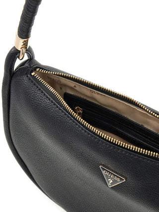 GUESS Danya Shoulder Bag BLA aus schwarzem Kunstleder mit goldener Hardware, sichtbarem Reißverschluss, GUESS-Logo-Plakette, Innenfutter mit Logo und Innentasche. Verstellbarer, abnehmbarer Griff.