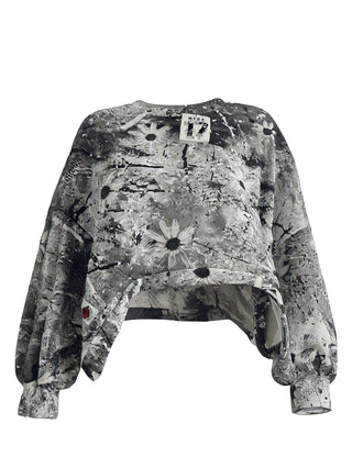 #VDR Sweat 19046 black/white: Langarm-Cropped-Sweatshirt mit Daisy-Print und abstrakten Mustern, lockerem Schnitt, voluminösen Ärmeln und Rundhalsausschnitt, ideal für lässige Alltagslooks.