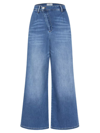 Vivi Denim – Gold Rush von Gitta Banko: Hochgeschnittene, weit geschnittene blaue Jeans mit leichtem Waschungseffekt, Knopf- und Reißverschluss vorn, ideal für sommerliche, stilvolle Outfits.