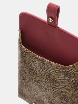 GUESS 4G Logo Handybag RSM: Braune, beschichtete Canvas-Mini-Tasche mit wiederholtem Motiv, rotem Lederfutter und goldfarbenem Druckknopfverschluss. Goldene Guess-Metallbeschriftung vorne, Maße 20x8x11 cm.