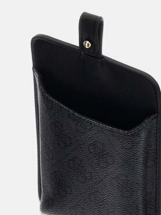 GUESS 4G Logo Handybag CMT: Schwarzes Kunstleder-Etui mit Außentasche, kurzem Schlaufenriemen und goldfarbenem Schnappverschluss, ideal zum Befestigen an Gürtel oder Riemen für Handy und Karten.