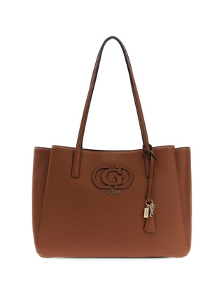 GUESS Isola Logo Shopper COG, eine braune Kunstleder-Handtasche mit doppelten Schulterriemen, geprägtem G-Logo und abnehmbarem Anhänger mit Schlüssel und Tag, goldene Hardware, Magnet- und Reißverschluss.