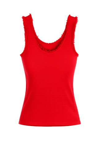 OFF#DLY Top Lola red: Leuchtend rotes, ärmelloses Rippstrick-Top mit leicht ausgefransten Kanten an Hals und Armen, präsentiert auf dunklem Hintergrund.