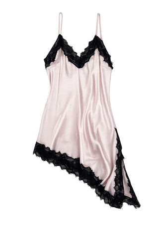 OFF#DLY Top Spitze Veronika rosa/black: Silkenes, rosafarbenes Camisole mit schwarzen Spitzenakzenten an Ausschnitt und Saum, asymmetrischer Schnitt, dünne Träger, ideal für elegante und moderne Layering-Looks.