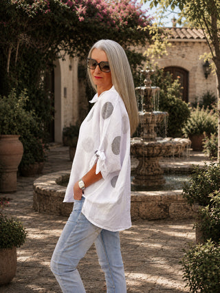 OFF#DLY Linen Shirt Dot´s white grey