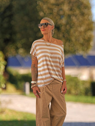 OFF#DLY Margot Stripe Tee camel/white