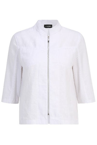 Doris Streich Jacke 319.135: Leichte, weiße Leinenjacke mit Reißverschluss und Kragen, ideal für den Sommer. Sichtbare Details sind lange Ärmel und ein eleganter Schnitt.